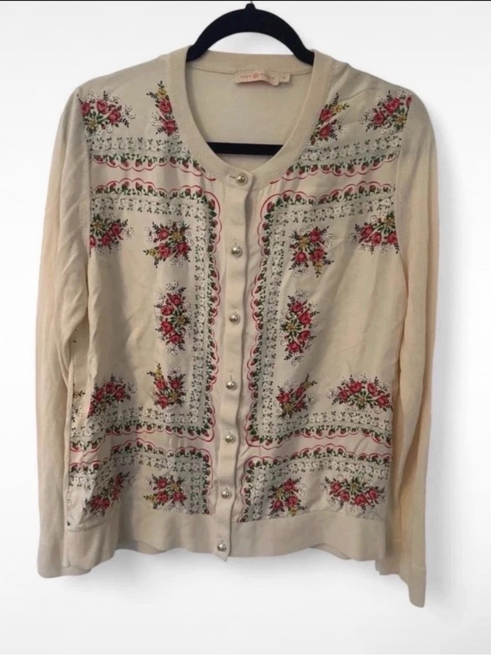 Tory Burch Silk/Cotton Cream Cardigan with Pink and Green Floral Embroidery - Picture 2 of 6